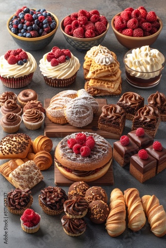 A table with a variety of desserts including cakes, cookies and pastries, AI