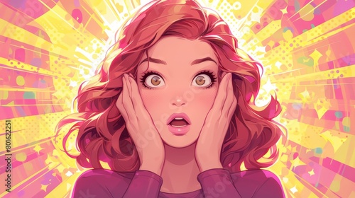 A pop art style cartoon of an extremely shocked woman with red hair  pink outfit and purple shirt in the background. The comic bookstyle illustration 