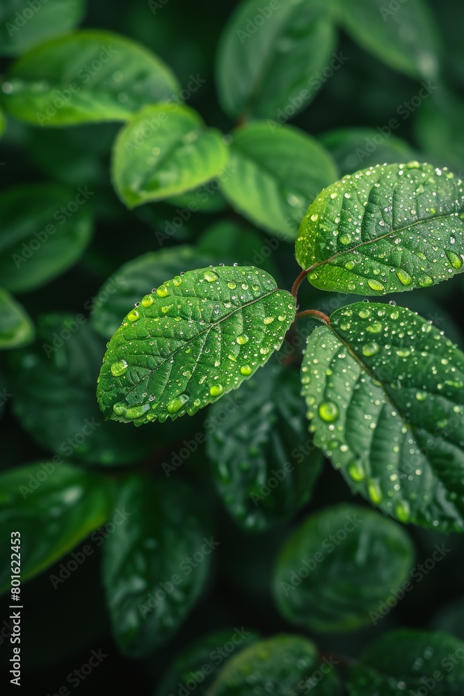 A close up of a green leaf with water droplets on it, AI A close up of a green leaf with water droplets on it, AI