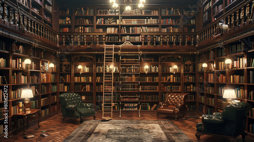 Victorian Library: Floor-to-ceiling bookshelves, a rolling ladder, and velvet armchairs. photo