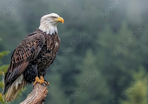 Close-up portrait of a Bald Eagle perched majestically on a tree stump, sharp focus on its keen eyes and detailed plumage against a soft forest background