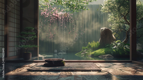 Zen Meditation Space: Tatami mats, bonsai trees, and a trickling water fountain.