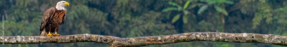 Panoramic view of a Bald Eagle perched on a long tree branch, stretching across a vibrant green forest backdrop, showcasing the bird in its natural habitat