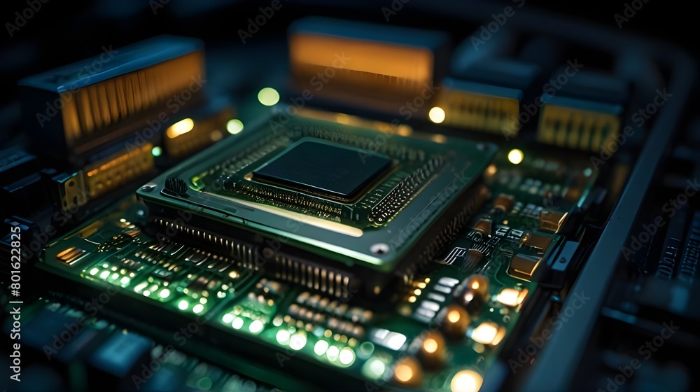 Technology Blogs, Computer Hardware Reviews, IT Magazine Illustrations,Computer Circuit Board and CPU Glowing with Internal LEDs Inside a Server Class Computer