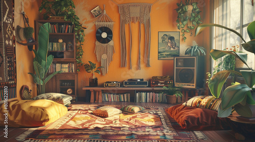 A bohemian-inspired living room with floor cushions, macrame wall hangings, and a vintage record player.