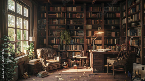 A book-filled study with a wooden desk, a comfortable reading chair, and a floor lamp photo