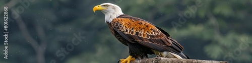 Detailed portrait of a Bald Eagle perched on a wooden structure, displaying its striking plumage and fierce gaze against a forested backdrop photo