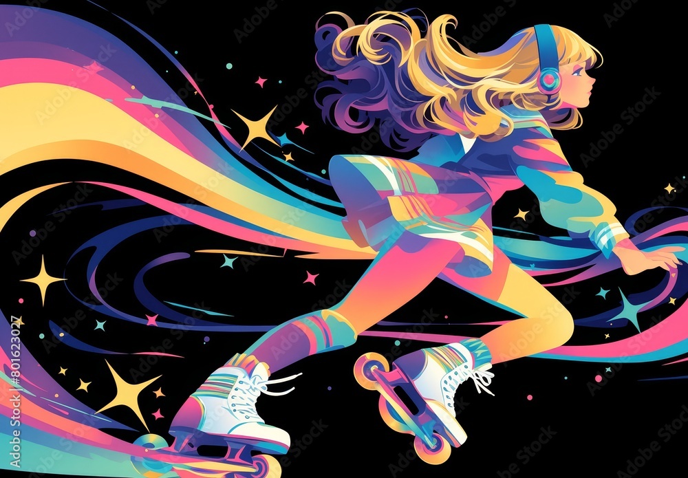 Retro roller skates in colorful and vibrant colors, with detailed character illustration
