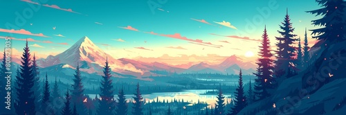 beautiful mountain landscape, with a flat design aesthetic and a colorful palette. 