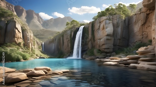 A solitary waterfall cascades down a sheer cliff face, its pristine waters cutting through the rugged landscape. The tranquil pool below offers a moment of respite in the midst of nature's untamed bea