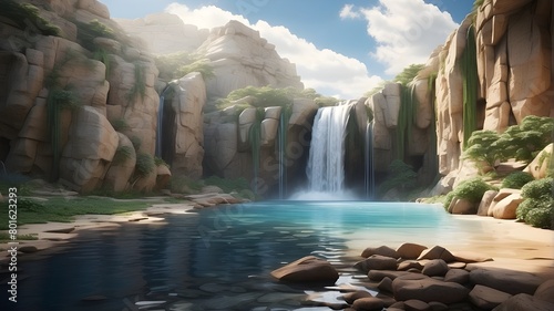 A solitary waterfall cascades down a sheer cliff face, its pristine waters cutting through the rugged landscape. The tranquil pool below offers a moment of respite in the midst of nature's untamed bea photo