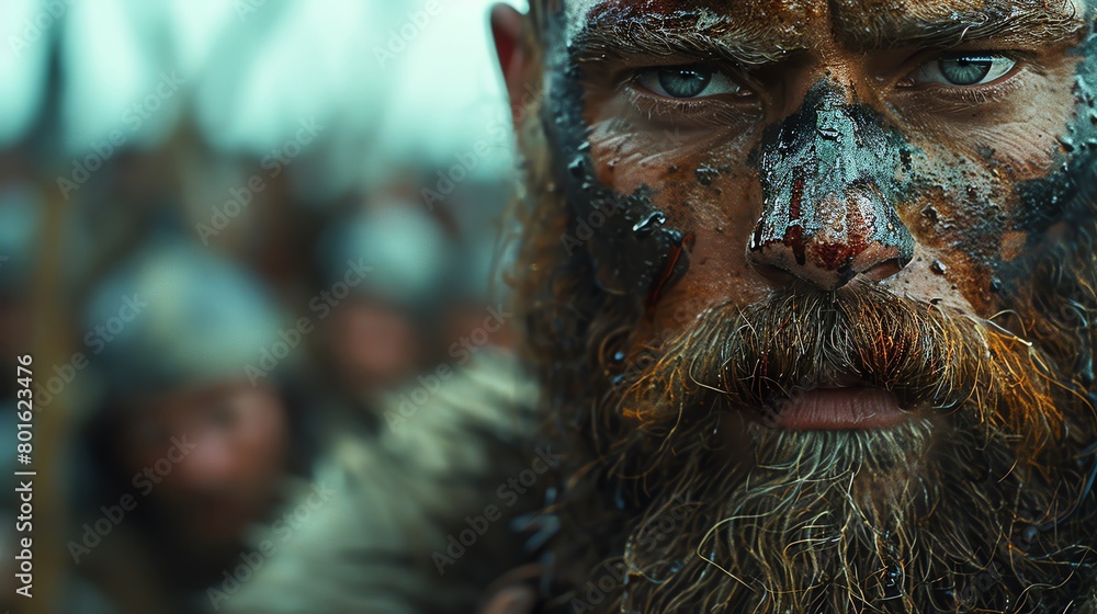 Historical reenactment battle scene, close-up on authentic gear and intense expressions, living history Historical reenactment battle scene, close-up on authentic gear and intense expressions, living history