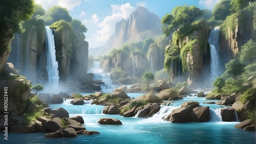 A series of cascading waterfalls tumble down a rocky slope, their crystalline waters reflecting the azure sky above. Lush vegetation thrives in the misty air, adding to the vibrancy of the scene. 