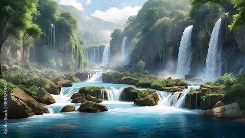 A series of cascading waterfalls tumble down a rocky slope  their crystalline waters reflecting the azure sky above. Lush vegetation thrives in the misty air  adding to the vibrancy of the scene. 