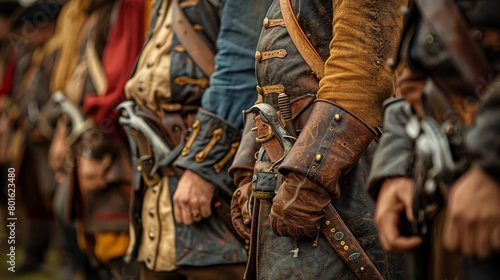 Historical reenactment scene, close-up on authentic costumes and props, bringing history to life