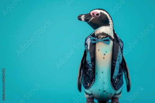 Elegant Penguin in Tailored Sequined Blazer and Bow Tie on Teal Background - Sophisticated, Animal Fashion, Portrait, Stylish, Unique photo
