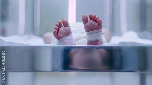Close-up shot of newborn baby's feet in a hospital. Innocence and new life. Hospital setting, infant care and childbirth concept. Blurred background emphasizing tiny feet. AI