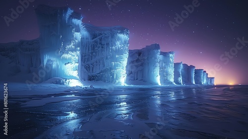 Ice sculptures gleaming under the Northern Lights, ephemeral beauty in a frozen landscape