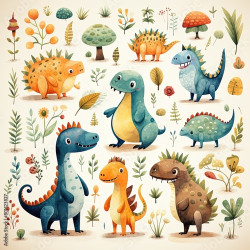 Cartoon illustration for children with funny dinosaurs. Creative ornament with dinosaurs  monsters  animals. Fictional animals  fantasy characters art creative pattern print. Cartoon dinosaurs.