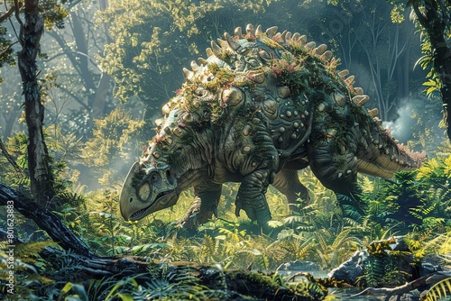 Capture the serene scene of an Ankylosaurus foraging for plants in a lush forest  illustrating the gentle feeding habits and herbivorous nature of these well-protected giants