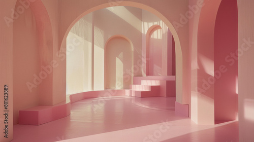 A pink room with arched doorways and pink walls