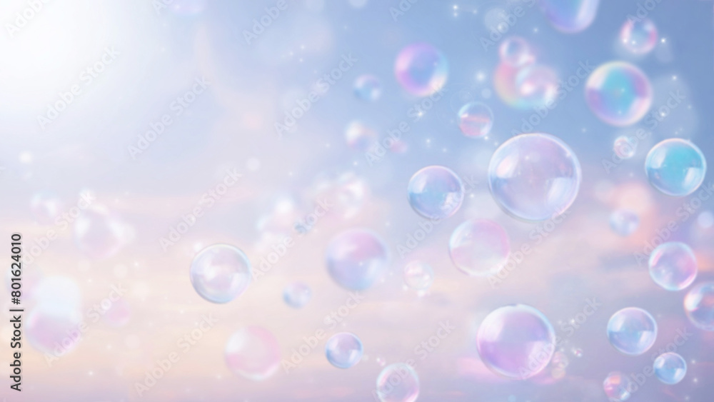 A fantasy illustration of soap bubbles floating gently in a pastel-colored sky,generated by AI