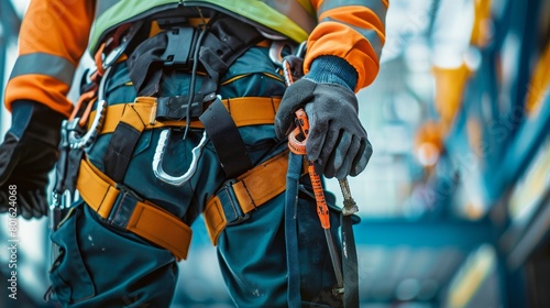 A man in an orange and yellow safety suit is holding a rope. The man is wearing a harness and is standing in a building
