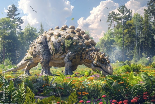 Capture the serene scene of an Ankylosaurus foraging for plants in a lush forest, illustrating the gentle feeding habits and herbivorous nature of these well-protected giants