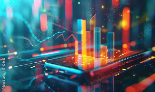 futuristic image displaying a smartphone with holographic financial graphs and data analytics interface, symbolizing advanced digital technology in market analysis and business intelligence