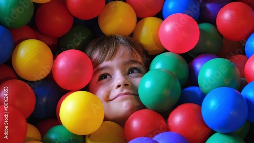 Cute Caucasian Girl Kid Buried under Colored Plastic Balls in Play Arena Pool