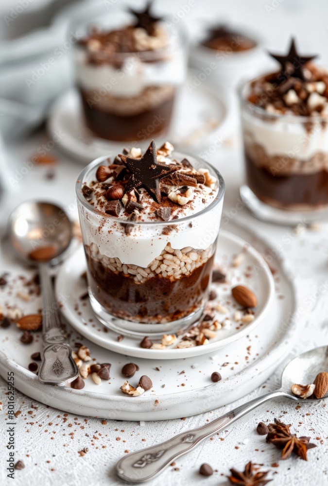 Luxurious layered chocolate and cream dessert in a glass, garnished with nuts, chocolate stars, and dusted with cocoa, set against a light elegant background. Luxurious layered chocolate and cream dessert in a glass, garnished with nuts, chocolate stars, and dusted with cocoa, set against a light elegant background.