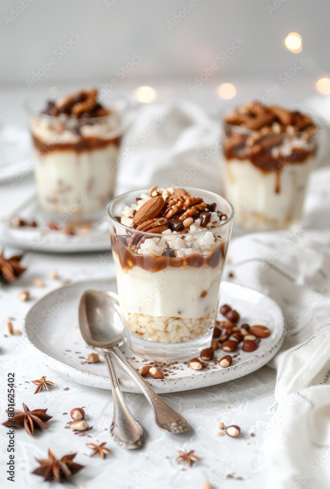 Festive dessert glasses layered with rice pudding, caramel drizzle, and nut toppings, set on a white plate with bokeh lights in the background... Festive dessert glasses layered with rice pudding, caramel drizzle, and nut toppings, set on a white plate with bokeh lights in the background...