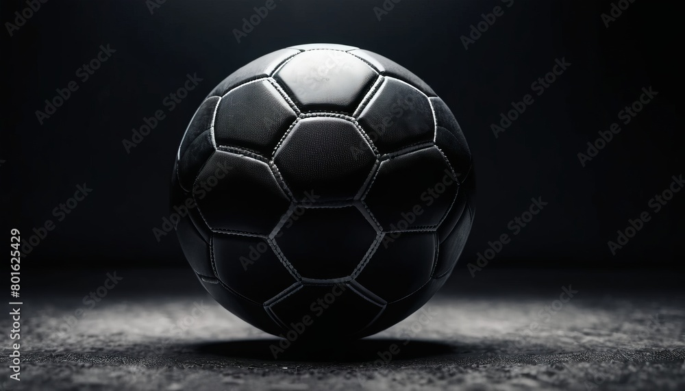Fototapeta premium Black soccer ball in a dark room, concept design, background, poster, backdrop for sport and football, Euro 2024