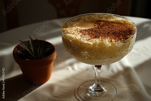 Luxurious rice pudding in a stemmed glass, topped with a sprinkle of cocoa, elegantly presented beside a potted plant.