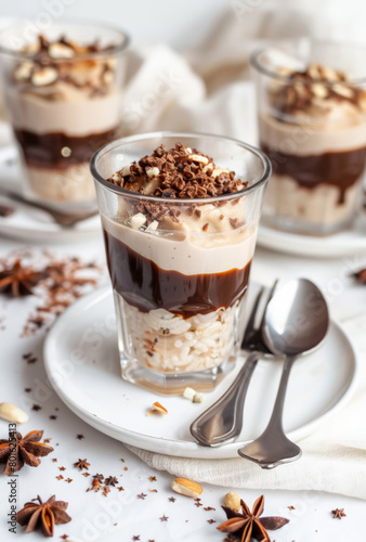 Festive dessert glasses layered with rice pudding, caramel drizzle, and nut toppings, set on a white plate with bokeh lights in the background...