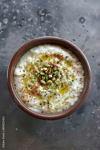 A rustic bowl of creamy savory yogurt topped with a sprinkle of spices, nuts, and a drizzle of olive oil..