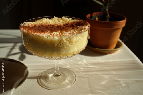 Elegant rice pudding topped with cocoa, served in a glass on a sunlit table with a potted plant.