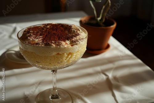 Exquisite rice pudding with cocoa dust in an elegant stemmed glass, beautifully illuminated by natural light.