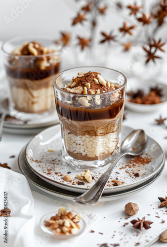 Elegant layered rice pudding and chocolate dessert in a glass, garnished with nuts and cocoa powder.