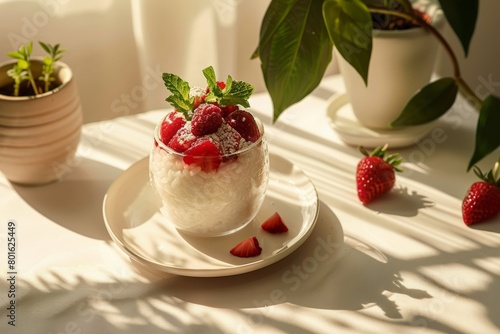 Refreshing rice pudding topped with fresh strawberries and raspberries, garnished with mint in a delicate glass.