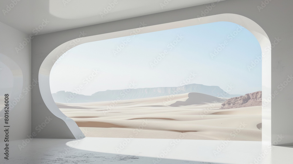 A large, empty room with a window that looks out onto a desert