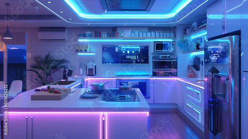 A futuristic kitchen with holographic countertops, robotic appliances, and color-changing LED lights.