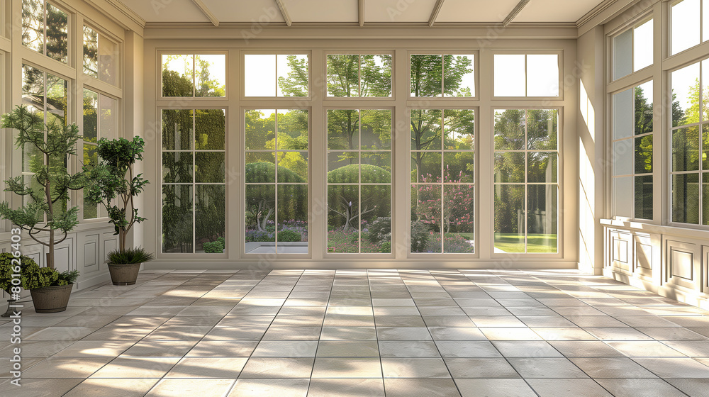 Oblique view of an empty sunroom with panoramic windows and tiled floors, waiting for furniture