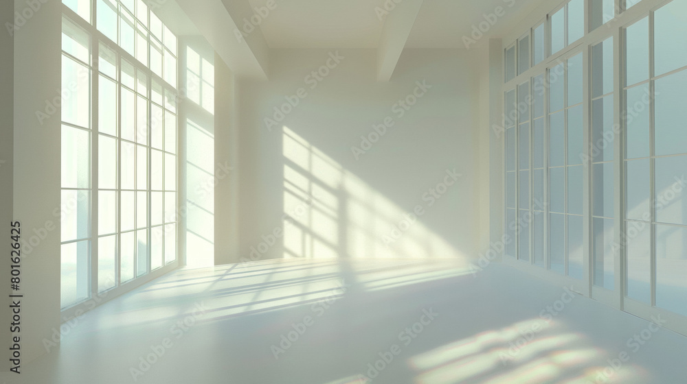 A large, empty room with white walls and windows A large, empty room with white walls and windows