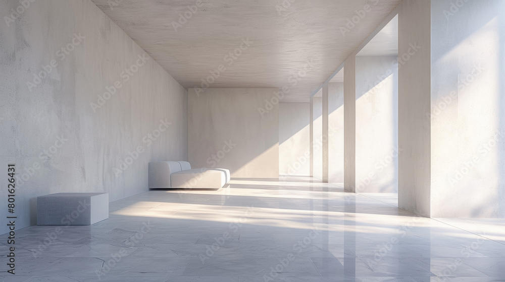 A large, empty room with a white couch and a white bench A large, empty room with a white couch and a white bench