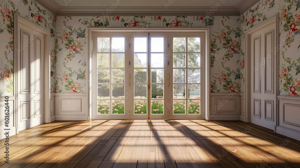 Oblique perspective of an unfurnished room with large French doors and floral wallpaper, sunlit and airy Oblique perspective of an unfurnished room with large French doors and floral wallpaper, sunlit and airy
