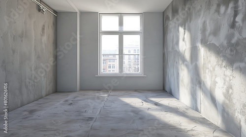 Perspective view of a small, empty urban apartment room with a single large window and plastered walls, oblique angle photo