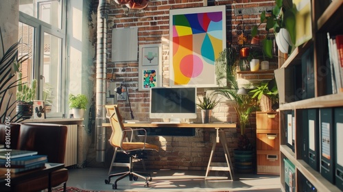 A picturesque view of a graphic designer's workspace with a computer and colorful design elements, showcasing the fusion of technology and creativity on National Creativity Day. photo