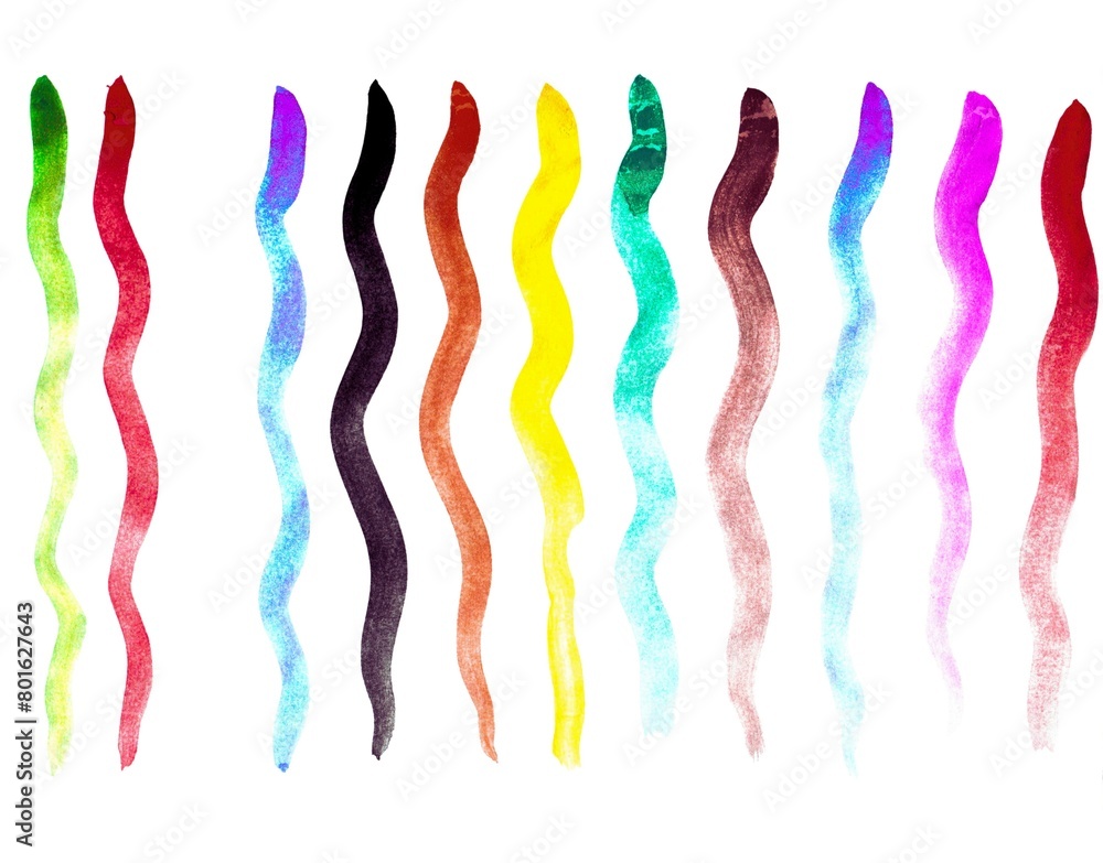 Hand painted colorful watercolor paint brush strokes on white background.