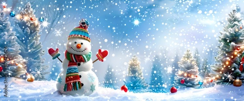 Festive Winter Wonderland with Cheerful Snowman and Snowfall. Charming Holiday Scene for Greetings. Vivid and Bright, Perfect for Seasonal Projects. AI
